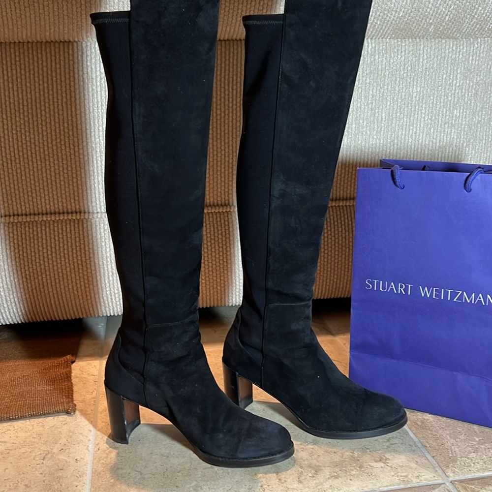 Stuart Weitzman over-the-knee black suede boots. Pull on stretch back size 71/2